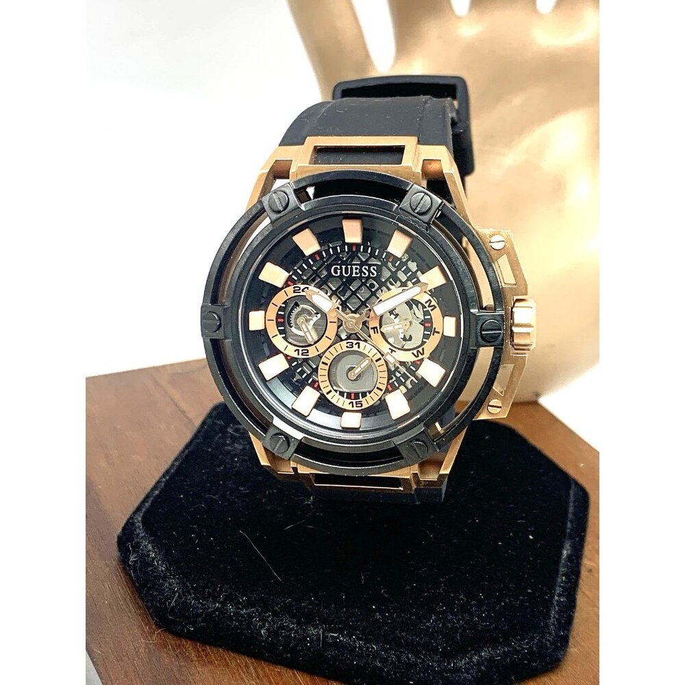 Guess Men's Watch GW0423G5 Quartz Black Rose Gold Rubber Strap 47mm